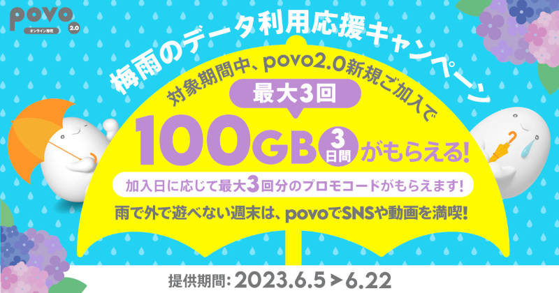 povo2.0、「梅雨のデータ利用応援キャンペーン」を開催、新規加入タイミングに応じて「100GB（3日間）」が最大3回もらえる